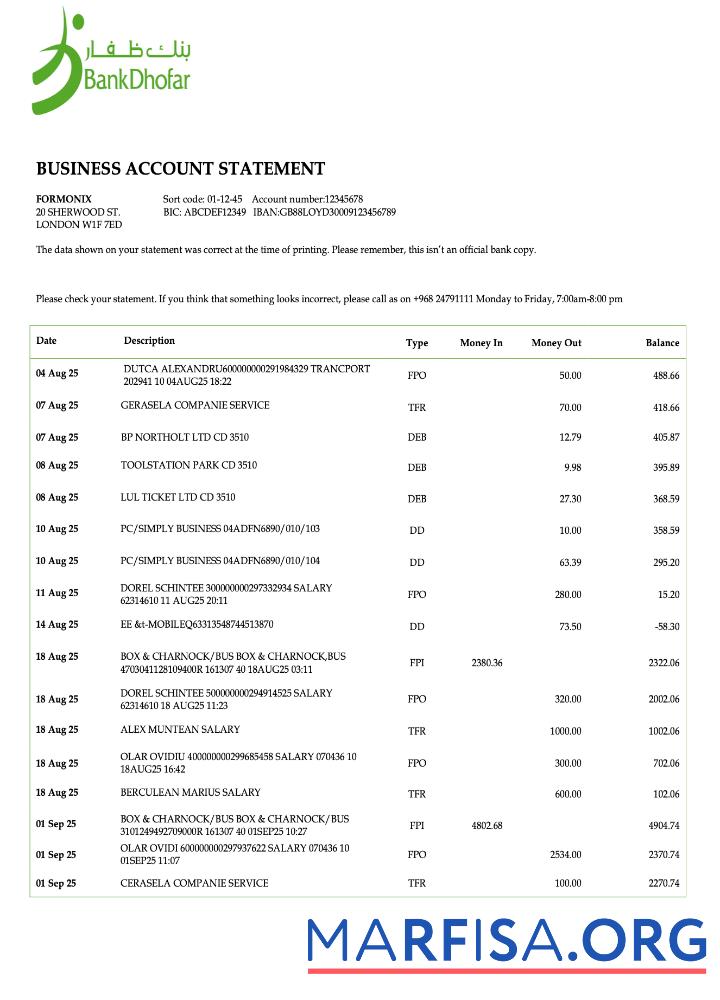 Printable Omani Bank Dhofar firm account statement Word and PDF template